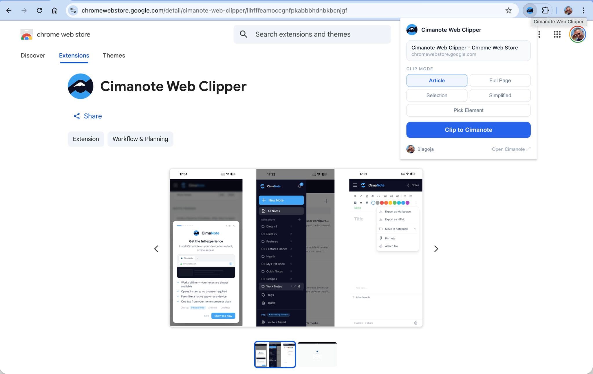 The Cimanote Web Clipper saving an article