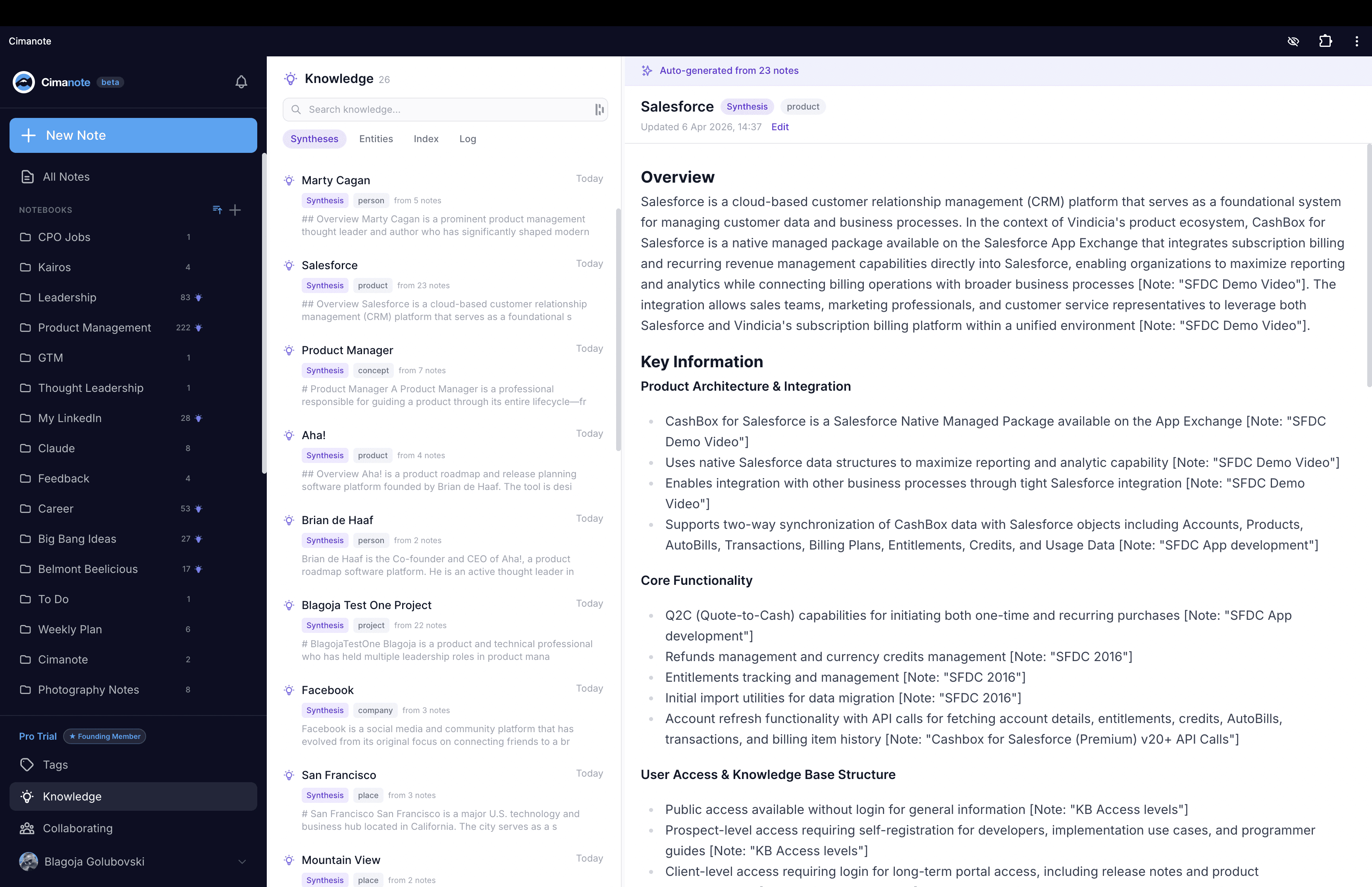 Cimanote knowledge engine with auto-generated entity pages