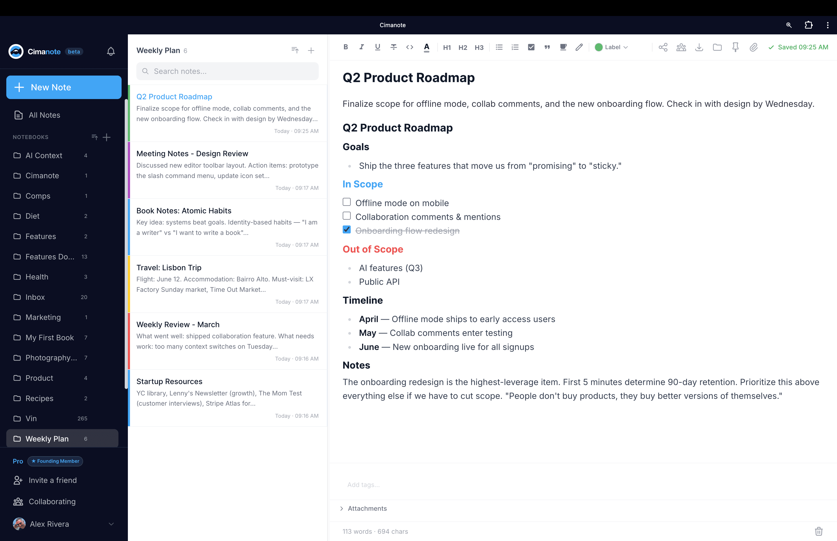 Cimanote rich text editor with code blocks and formatting