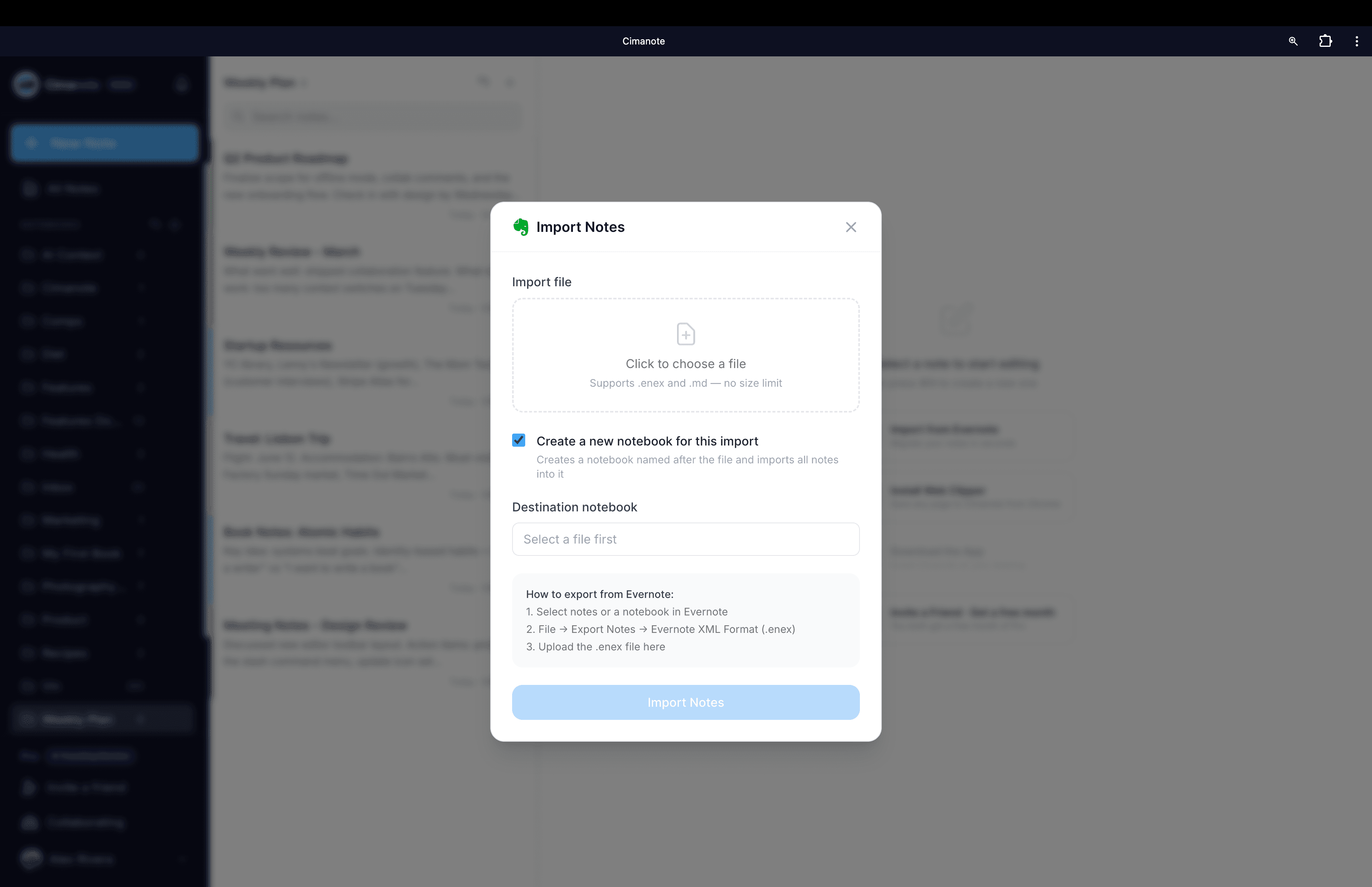 Cimanote import dialog on desktop