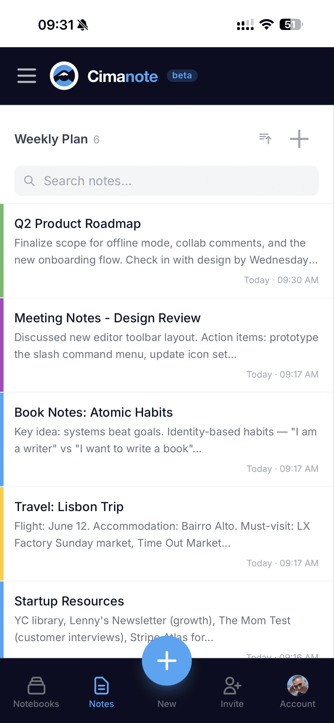 Cimanote mobile app showing notes available offline