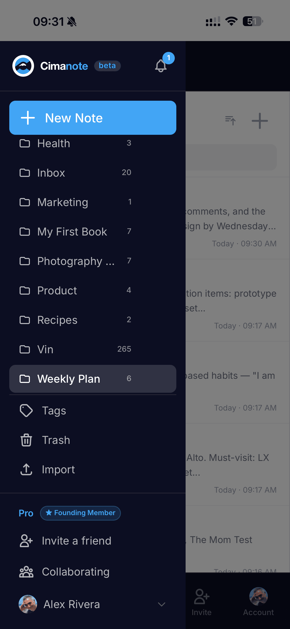 Cimanote mobile notebooks sidebar