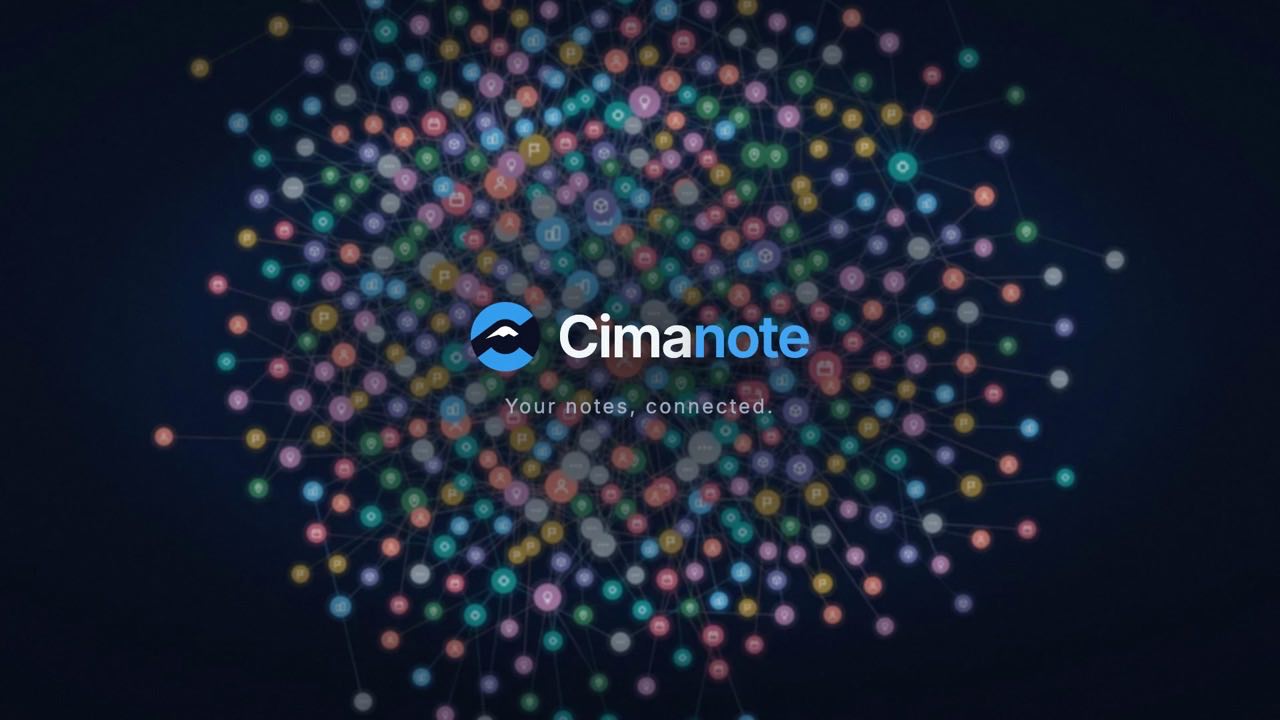 Opening frame of the Cimanote film: hundreds of colored note markers wired into one glowing knowledge graph around the Cimanote logo.